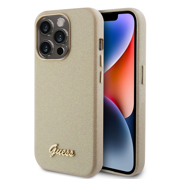 Husa Guess Glitter Glossy Script iPhone 15 Pro Max cu sclipici, GUHCP15XGF4GBR- Auriu