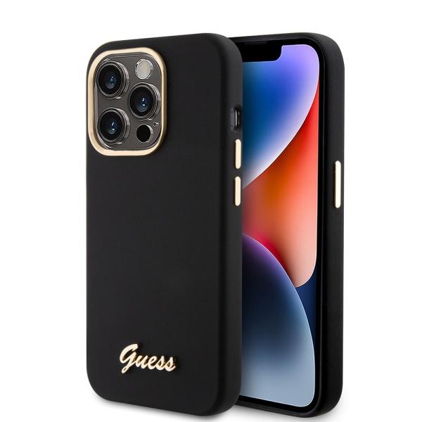 Husa Guess iPhone 15 Pro Silicone Script Metal Logo & Frame, GUHCP15LSMBSLK- Negru