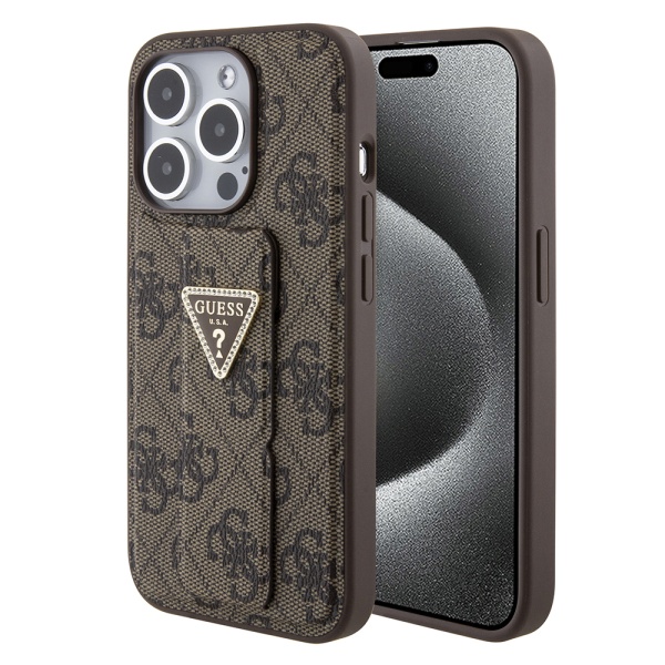 Husa iPhone 15 Pro Max originala Guess Grip Stand 4G Triangle Strass GUHCP15XPGS4TDW- Maro