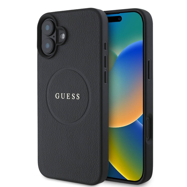 Husa iPhone 16 Plus Guess Grained Gold Ring MagSafe - Negru