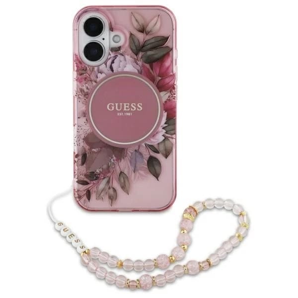 Husa iPhone 16 Plus Guess IML Flowers with Pearl Strap MagSafe - Roz