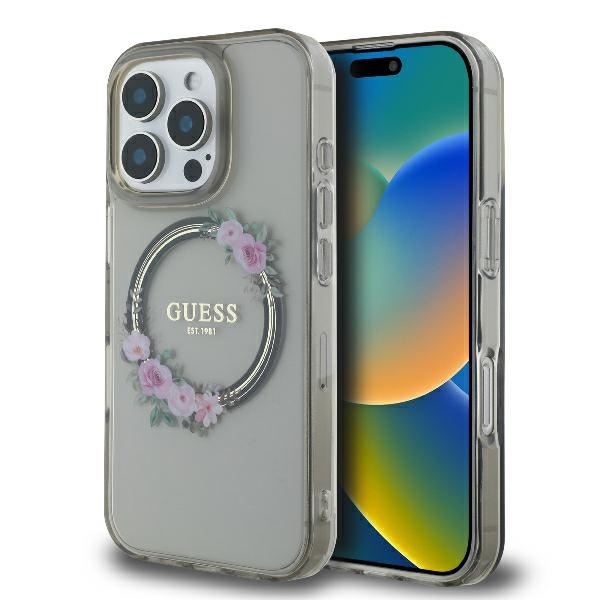 Husa iPhone 16 Pro originala Guess IML Flowers Wreath MagSafe - Negru