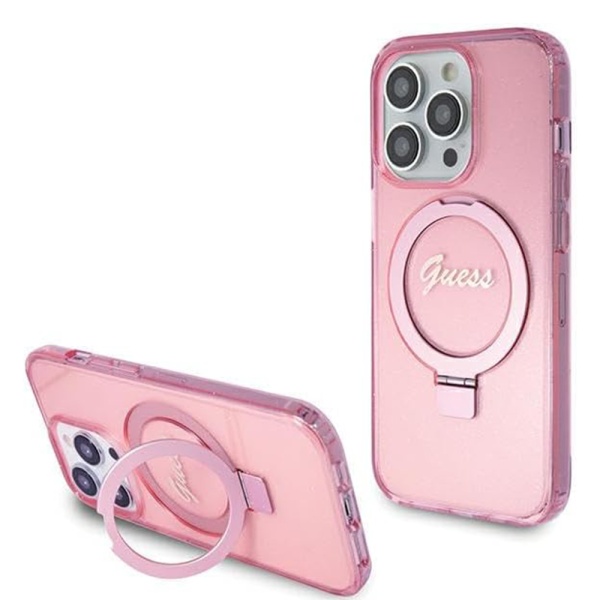 Husa Guess iPhone 15 Pro Max Ring Stand Script Glitter MagSafe GUHMP15XHRSGSP - Roz