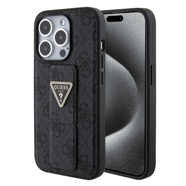 Husa iPhone 15 Pro originala Guess Grip Stand 4G Triangle Strass GUHCP15LPGS4TDK - Negru