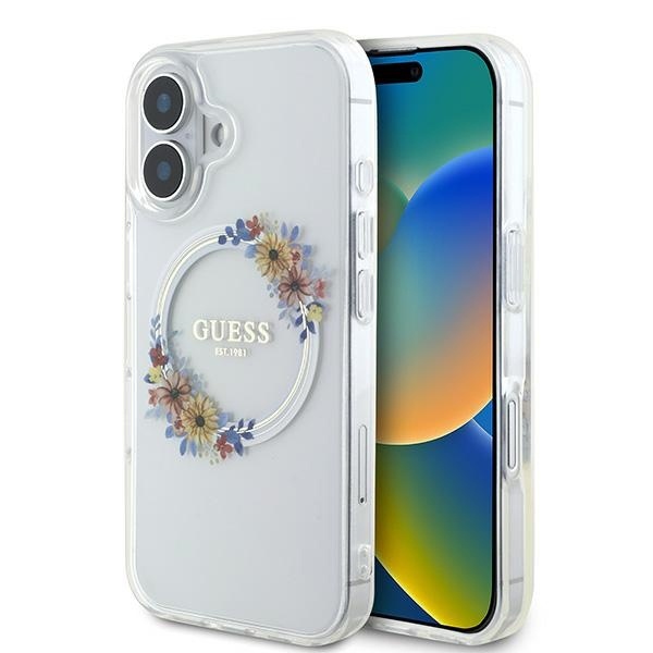 Husa iPhone 16 Plus Guess IML Flowers Wreath MagSafe - Transparent