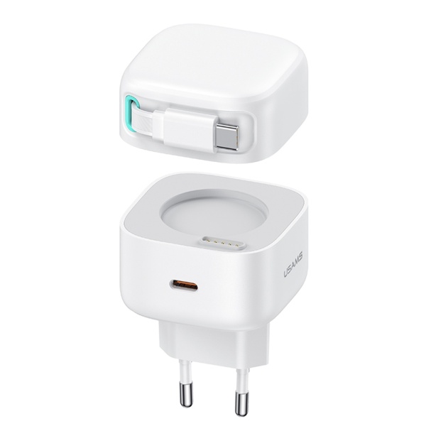 Incarcator de perete Usama Seria XMF (US-CC202) - incarcare rapida GaN, USB-C PD35W cu cablu retractabil de tip C, 80 cm - Alb