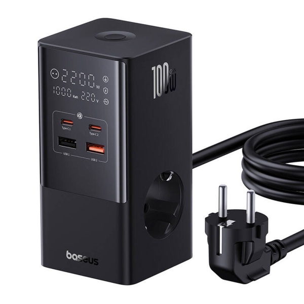 Statie de incarcare Baseus (E00023609113-00) - 2xUSB, 2xType-C, Shuko, afisaj LED, incarcare rapida 100W, 1,5 m - negru