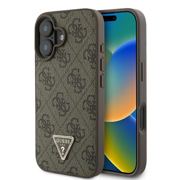 Husa iPhone 16 Plus Guess Leather 4G Triangle Strass - Maro