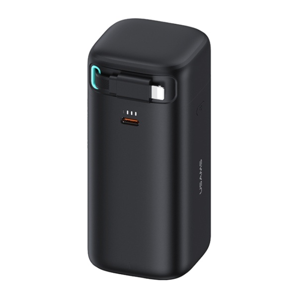 Baterie Externa Usams - Seria XMF (US-CD217) - GaN USB-C PD45W de incarcare rapida cu cablu retractabil Lightning, 80 cm - negru