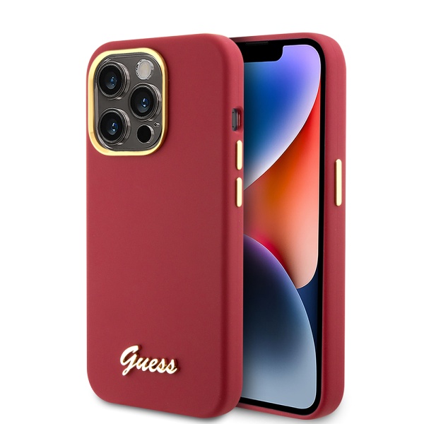 Husa Guess iPhone 15 Pro Silicone Script Metal Logo & Frame, GUHCP15LSMBSLM- Rosu