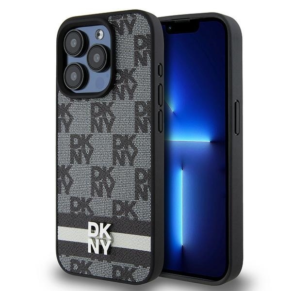 Husa iPhone 15 Pro - DKNY Leather Checkered Mono Pattern & Printed Stripes (DKHCP15LPCPTSSK) - Black