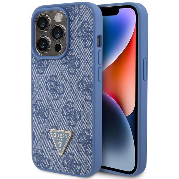 Husa iPhone 15 Pro Guess Leather 4G Triangle Strass GUHCP15LP4TDPB- Albastru