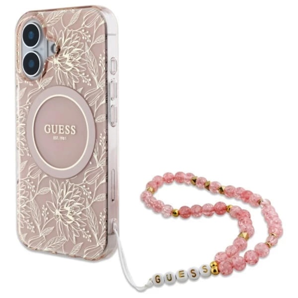 Husa iPhone 16 Plus Guess IML Flowers Allover Electro With Pearl Strap MagSafe - Roz