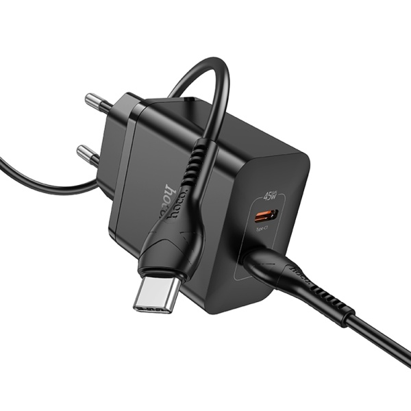Incarcator de perete Hoco, Streamer (N35) - Port dublu 2x PD45W tip C + cablu tip C la tip C - negru