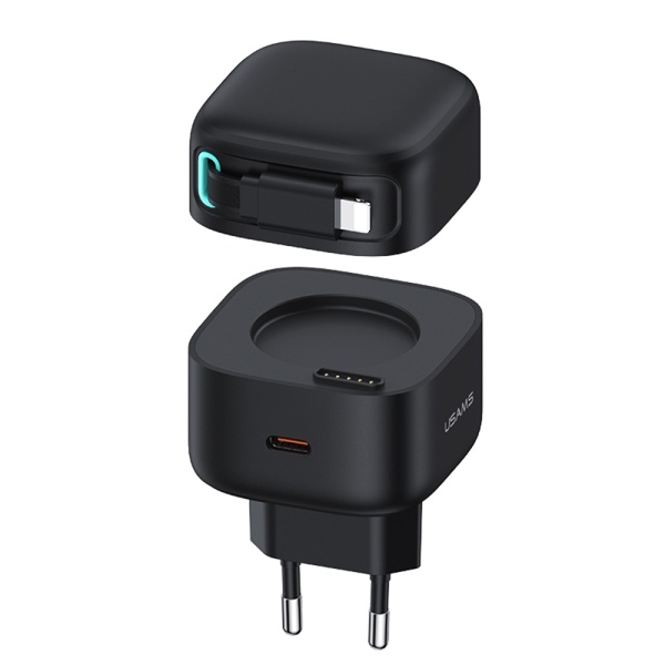 Incarcator de perete Usama Seria XMF (US-CC209) - incarcare rapida GaN, USB-C PD35W cu cablu retractabil Lightning, 80cm - Negru