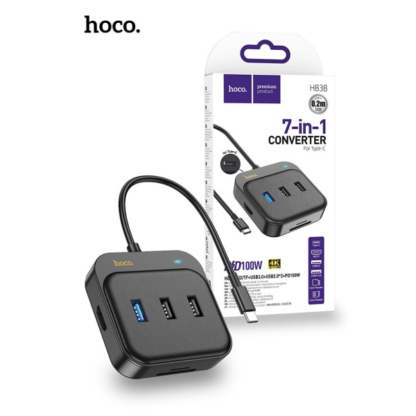 Adaptor Type-C la HDMI, SD, TF, USB Hoco HB38, PD100W - Negru
