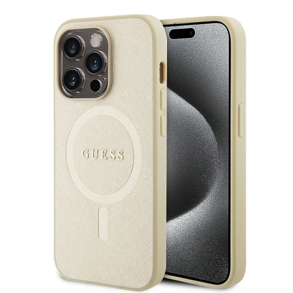 Husa Guess Saffiano MagSafe iPhone 15 Pro Max GUHMP15XPSAHMCB - Auriu