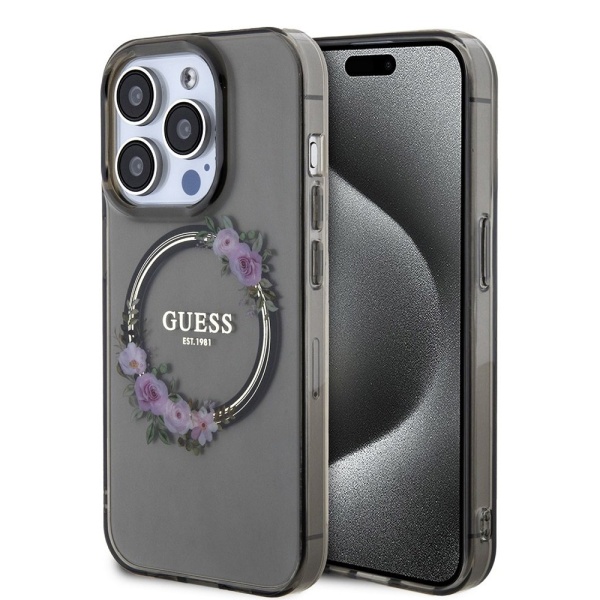 Husa iPhone 15 Pro Max originala Guess IML Flowers Wreath MagSafe GUHMP15XHFWFCK - Negru