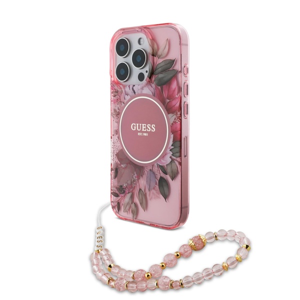 Husa iPhone 16 Pro originala Guess IML Flowers with Pearl Strap MagSafe - Roz