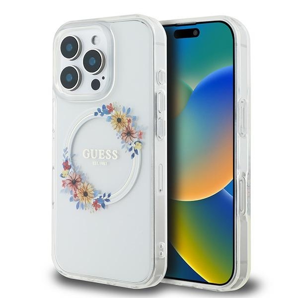 Husa iPhone 16 Pro originala Guess IML Flowers Wreath MagSafe - Transparent