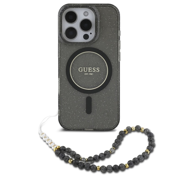 Husa iPhone 16 Pro originala Guess IML Glitter with Pearl Strap MagSafe - Negru
