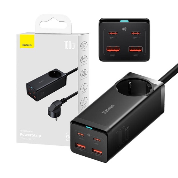 Incarcator de perete/Backstrip Baseus(PSZM000401) - GaN3 Pro, 2xUSB, 2xUSB-C, AC, 100W - Negru