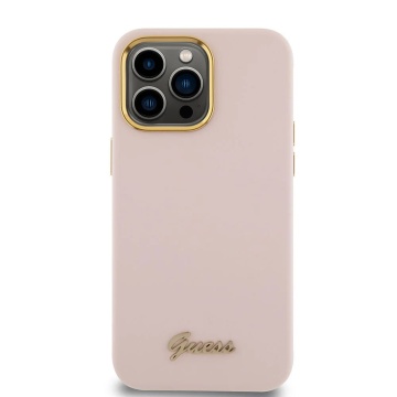 Husa Guess iPhone 15 Pro Max Silicone Script Metal Logo & Frame GUHCP15XSMBSLP - Roz - Img 3