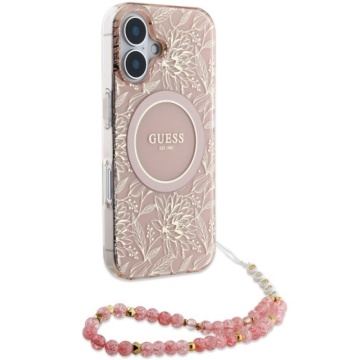 Husa iPhone 16 Plus Guess IML Flowers Allover Electro With Pearl Strap MagSafe - Roz - Img 3