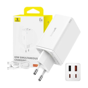 Incarcator de perete Baseus GaN (P10162701213-00) - 2x USB, 2x Type-C, 65W + tip C la Tip-C - alb - Img 5