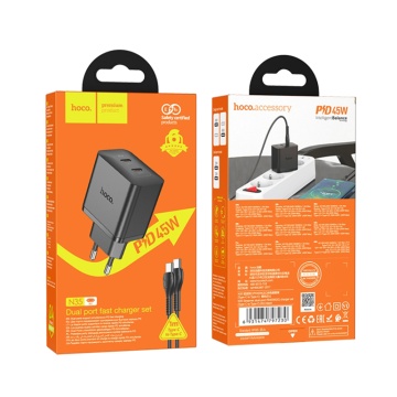 Incarcator de perete Hoco, Streamer (N35) - Port dublu 2x PD45W tip C + cablu tip C la tip C - negru - Img 3