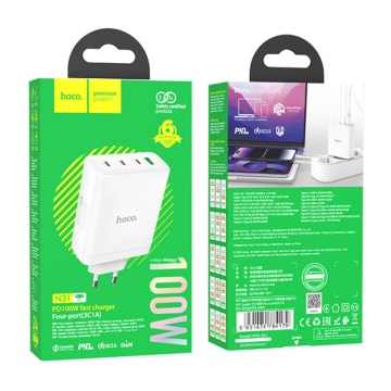 Incarcator priza 3xtip C, USB Fast Charge Hoco N31, 100W, alb - Img 7