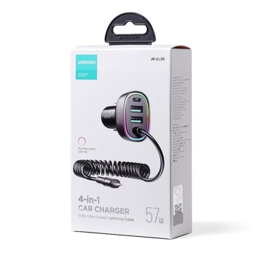 Incarcator auto JoyRoom (JR-CL20) - 2x USB, tip C, lumini RGB, încărcare rapidă, 57 W, cu cablu Lightning - negru, - Img 2