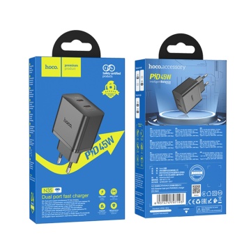 Incarcator de perete Hoco, Streamer (N35) - Port dublu 2x Type-C PD45W - Negru - Img 3