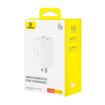 Incarcator de perete(priza SUA) BaseusGaN6 Pro (P10162702213-00) - 2x USB, 2x Type-C, 65W, Cablu Tip-C, 100W, 20V, 5A, 1m - Alb - Img 2