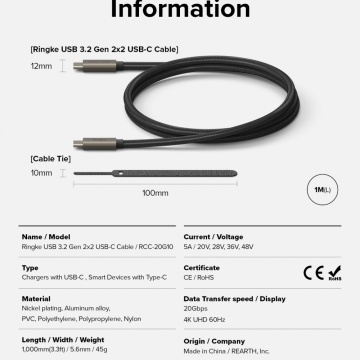 Cablu de date Ringke- Type-C la Type-C, 240W, 1m - Negru - Img 3