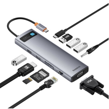 Hub Type-C la HDMI 4K, VGA, 4xUSB, USB-C, RJ45, SD, TF, Jack Baseus - Gri - Img 5