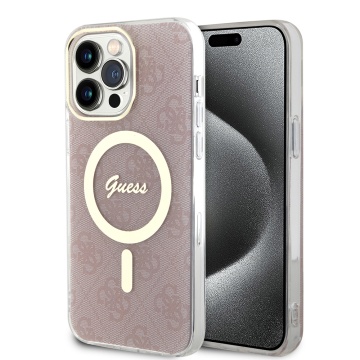 Husa iPhone 15 Pro Max originala Guess IML 4G MagSafe GUHMP15XH4STP - Roz - Img 1