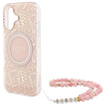 Husa iPhone 16 Plus Guess IML Flowers Allover Electro With Pearl Strap MagSafe - Roz - Img 5