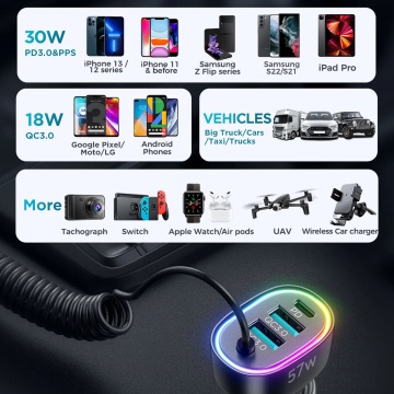 Incarcator auto JoyRoom (JR-CL20) - 2x USB, tip C, lumini RGB, încărcare rapidă, 57 W, cu cablu Lightning - negru, - Img 3