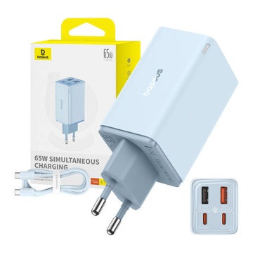Incarcator de perete Baseus GaN (P10162701313-00) - 2x USB, 2x Type-C, 65W + tip C la Tip-C - albastru - Img 4