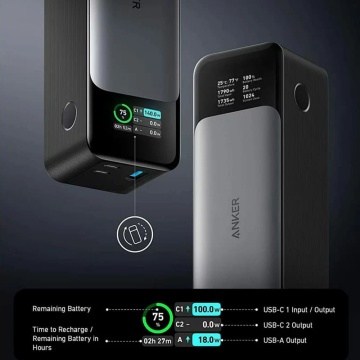 Baterie Externa Anker -(737) - 24000mAh, 140W, GaN Prime, Afișaj digital inteligent, 2x USB-C, USB-A, PowerDelivery 3.1 - Negru/Gri - Img 6