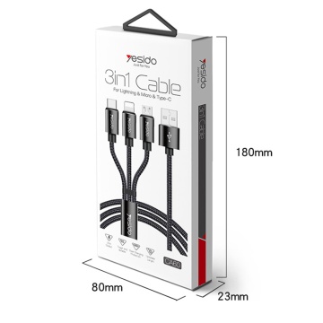 Cablu de date Lightning, Type-C, Micro-USB Yesido CA60, 3A, 1.2m, negru - Img 7