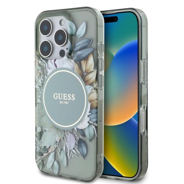 Husa Guess iPhone 16 Pro Liquid Glitter Flower MagSafe, GUHMP16LLFMWTE- Verde - Img 1