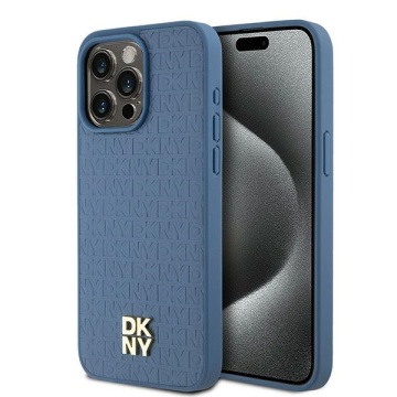 Husa iPhone 15 Pro Max - DKNY Leather Monogram Pattern Metal Logo MagSafe (DKHMP15XPSHRPSB) - Blue - Img 1