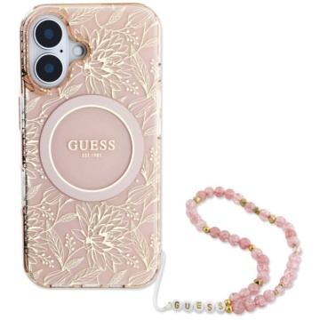 Husa iPhone 16 Plus Guess IML Flowers Allover Electro With Pearl Strap MagSafe - Roz - Img 6