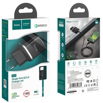 Incarcator USB Hoco N3, 18W + cablu Type-C, negru - Img 6