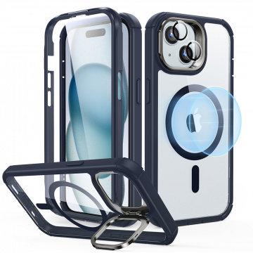 [Pachet 360°] Husa + folie iPhone 15 Plus ESR Armor Tough Kickstand HaloLock, albastru/transparenta (Copy 1) - Img 1