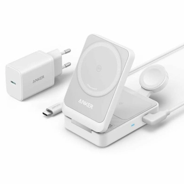 Statie de incarcare MagGo 3in1 (B2557311) - Qi2, pentru Apple, 15W, cu incarcator USB-C si cablu tip C Anker- alb - Img 1