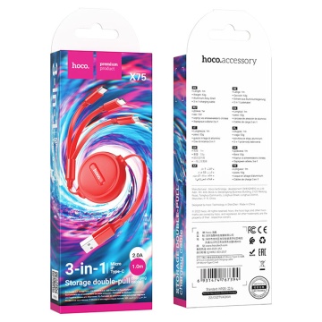 Cablu 3in1 USB la Type-C, iPhone, Micro Hoco X75, 2A, 1m, rosu - Img 4