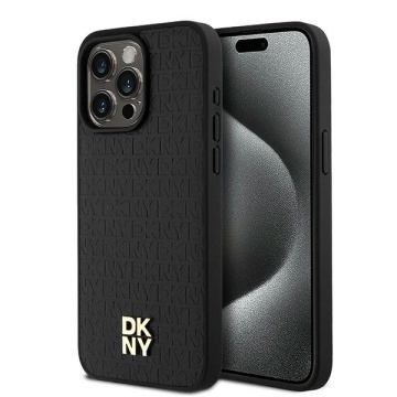 Husa iPhone 15 Pro Max - DKNY Leather Monogram Pattern Metal Logo MagSafe (DKHMP15XPSHRPSK) - Black - Img 1